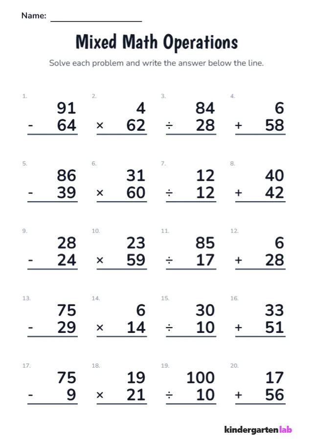 Basic Operations Math Preview printable worksheet