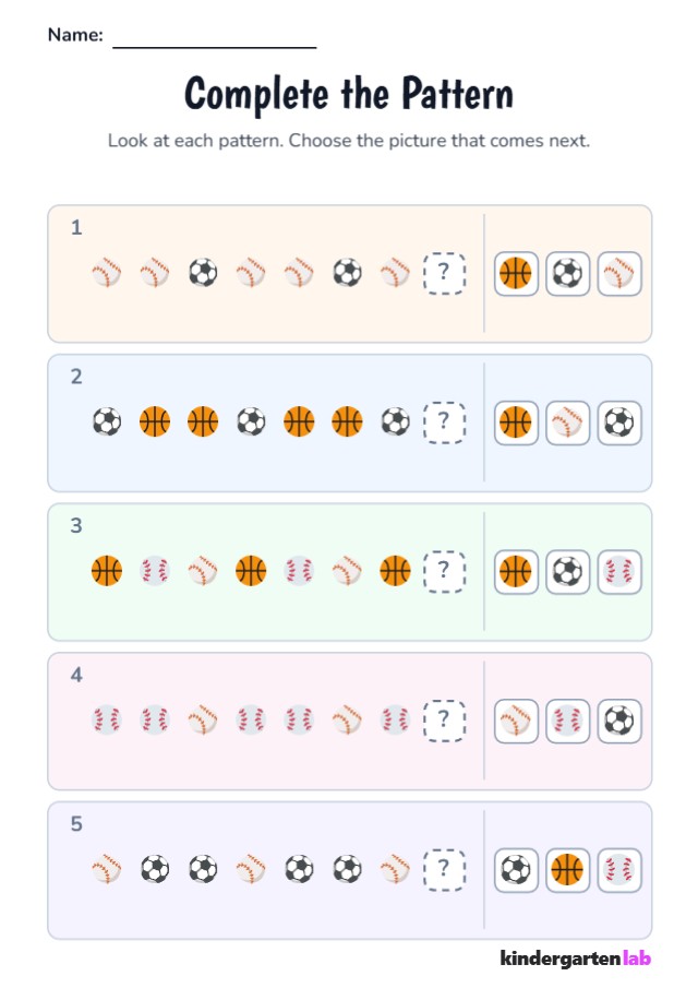 Complete The Pattern: Baseball, Soccer Ball, Basketball