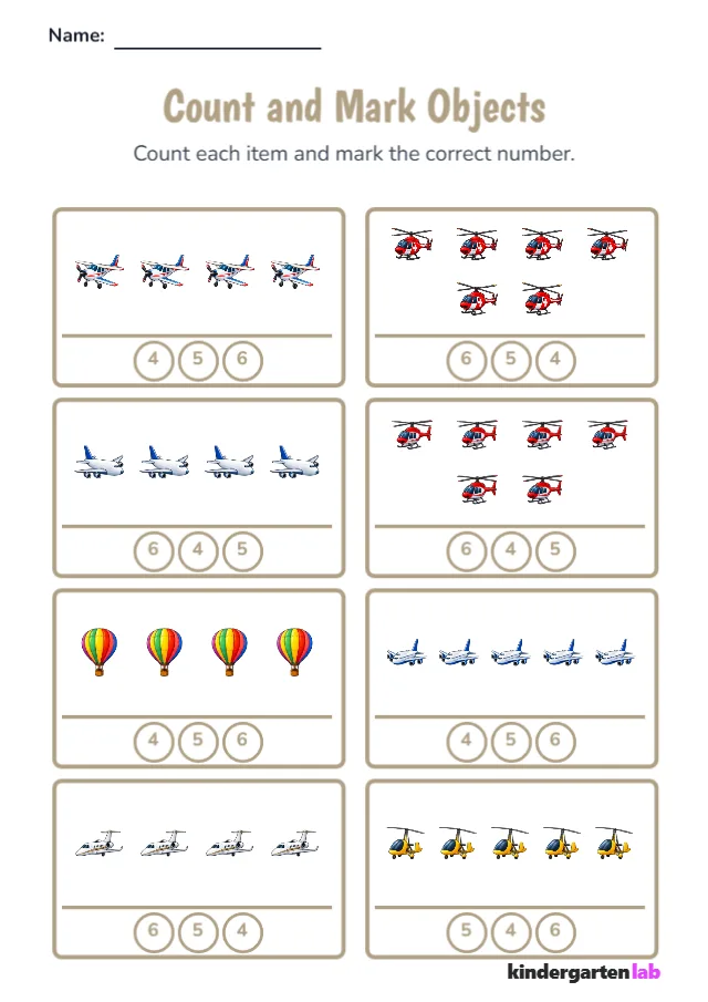 Count and Mark Objects: Propeller Airplane, Rescue Helicopter, Cargo Airplane printable worksheet example for Early Counting with Picture Worksheets