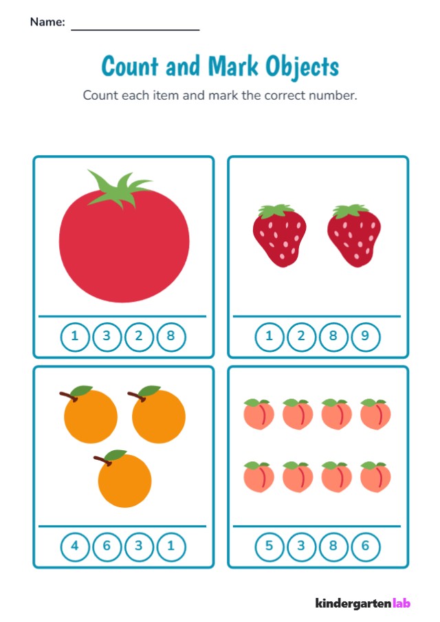 Count and Mark Objects: Tomato, Strawberry, Tangerine printable worksheet
