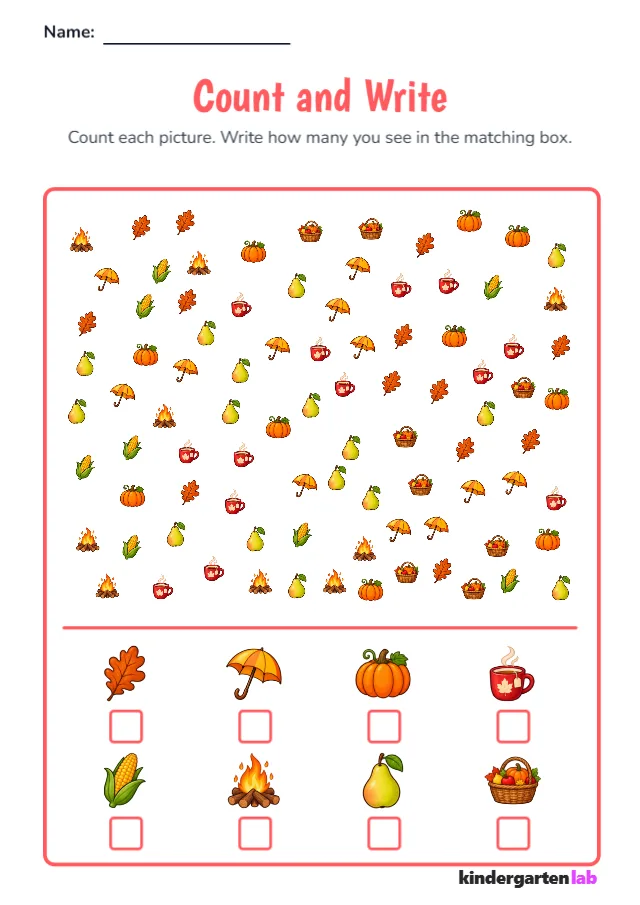 Count and Write Objects: Oak Leaf, Umbrella, Pumpkin