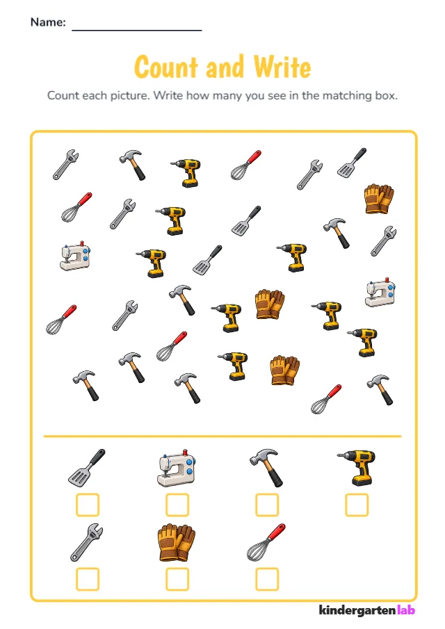 Count and Write Objects: Spatula, Sewing Machine, Claw Hammer