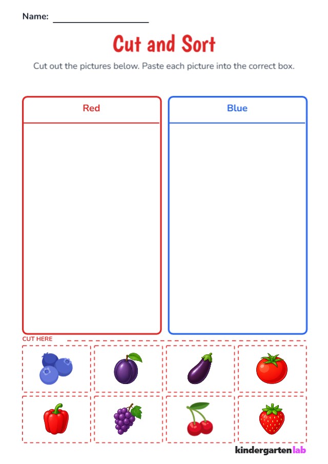 Cut And Sort Categories: Tomato, Strawberry, Red Bell Pepper printable worksheet example for Safe and Successful Cut-and-Paste Activities