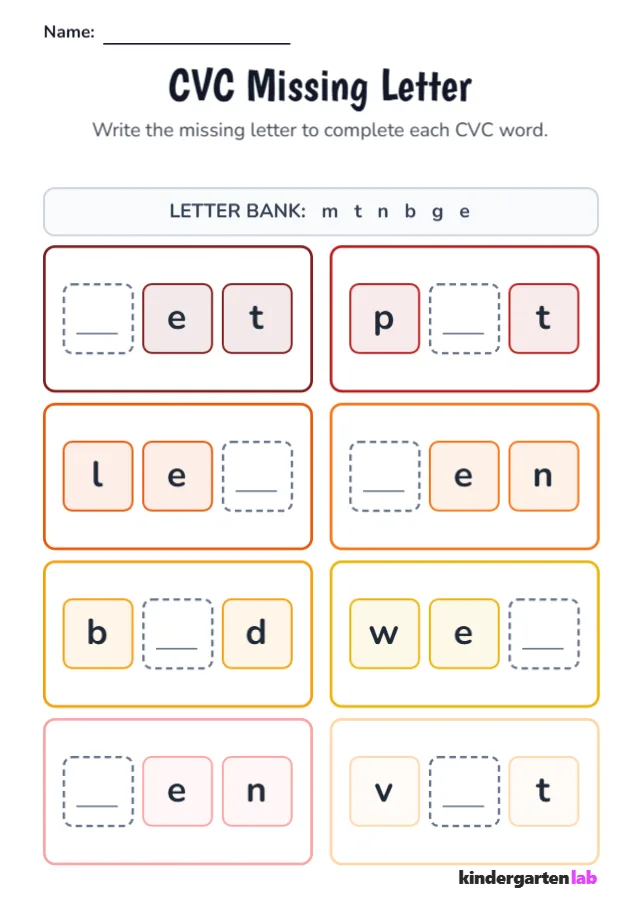CVC Words Missing Letter: Short E