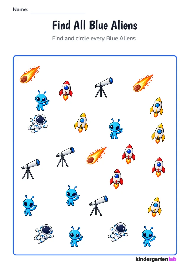 Find & Circle: Blue Alien, Yellow Rocket, Tripod Telescope