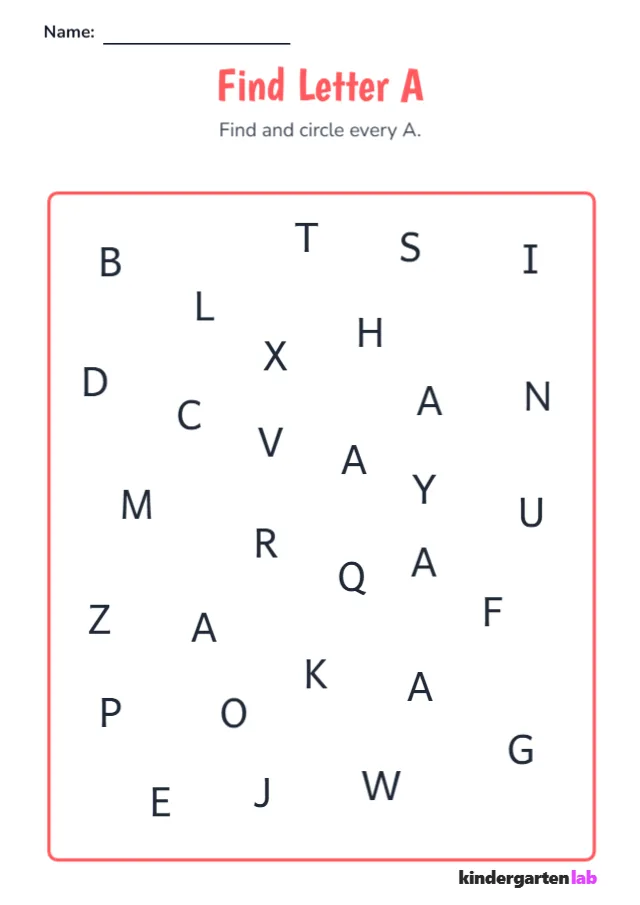 Find Letter A printable worksheet