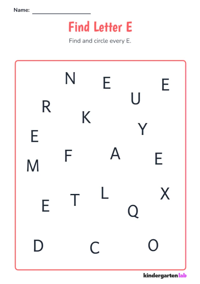 Find Letter E printable worksheet