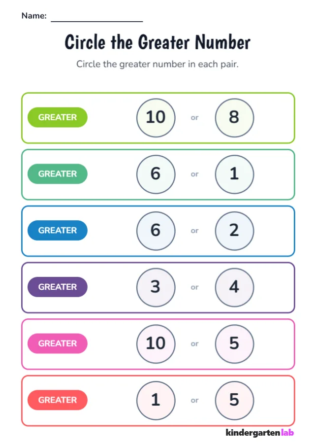 Greater / Smaller Number printable worksheet example