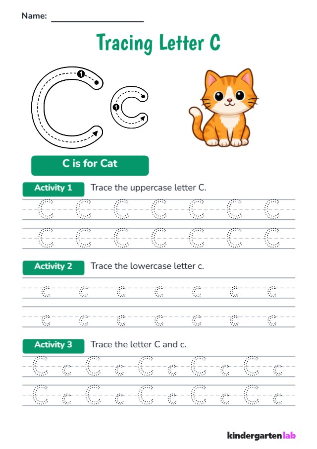 Letter Tracing: Cat, Dashed Line