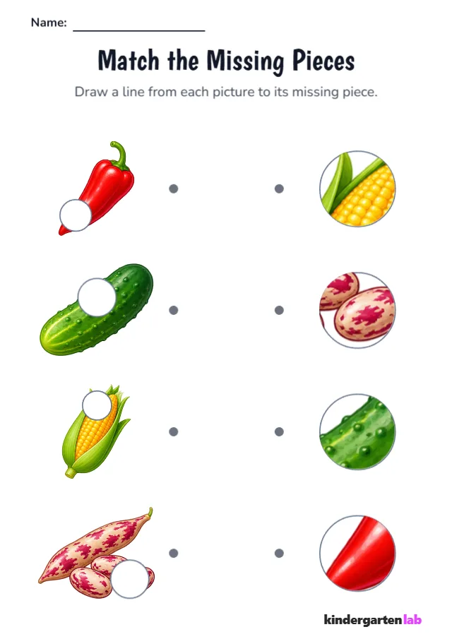 Match Missing Pieces: Red Pointed Pepper, Pickling Cucumber, Corn