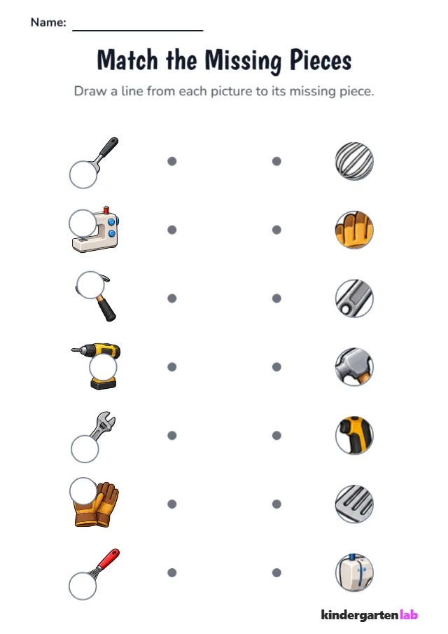 Match Missing Pieces: Spatula, Sewing Machine, Claw Hammer