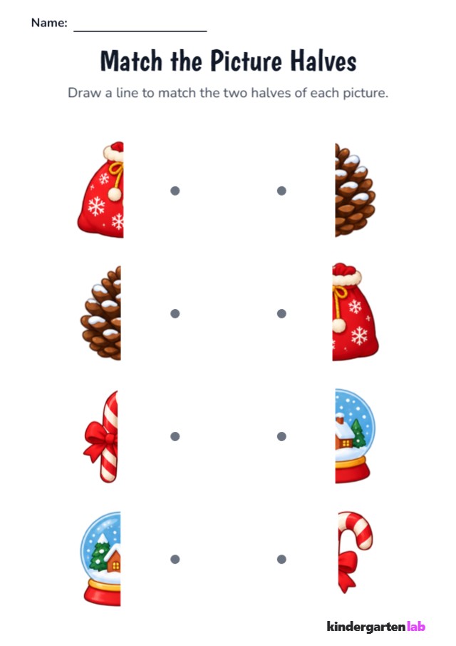 Match Object Halves: Winter Gift Sack, Pinecone, Candy Cane