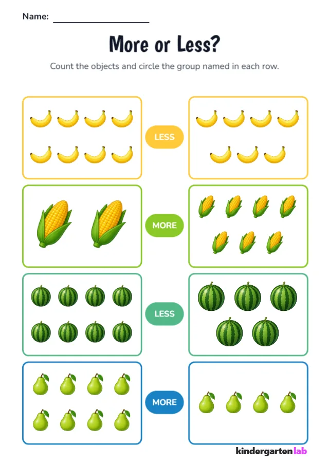 More / Less: Banana, Corn, Watermelon printable worksheet