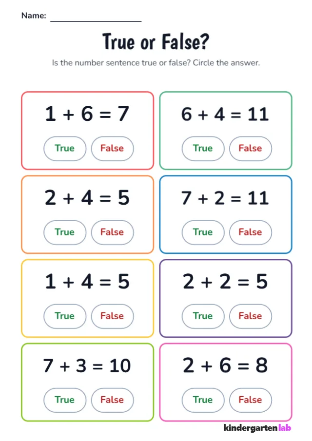 True or False Math: Addition up to 10