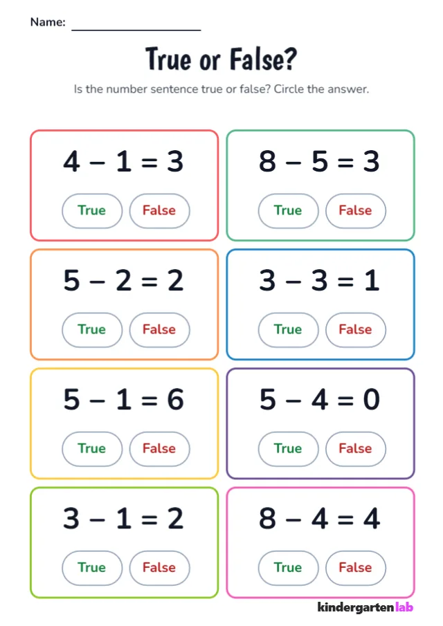 True or False Math: Subtraction up to 10